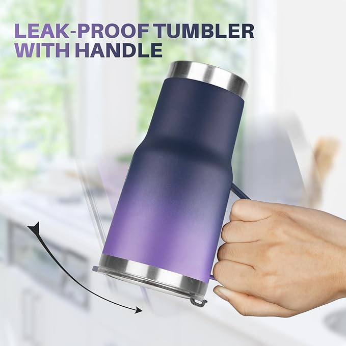 20 oz Tumbler with Handle, Stainless Steel Insulated Tumbler with Lid and Straw, Double Wall Vacuum Coffee Mug Tumbler, Insulated Coffee Thermal Cup for Cold and Hot (Purple Navy blue, 20, ounces)