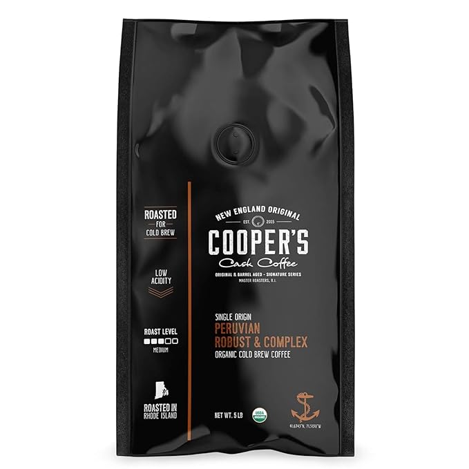 Organic Cold Brew Coffee Peru Reserve Single Origin Peruvian Coarsely Whole Bean - 5 lb. Bag - Medium Roast