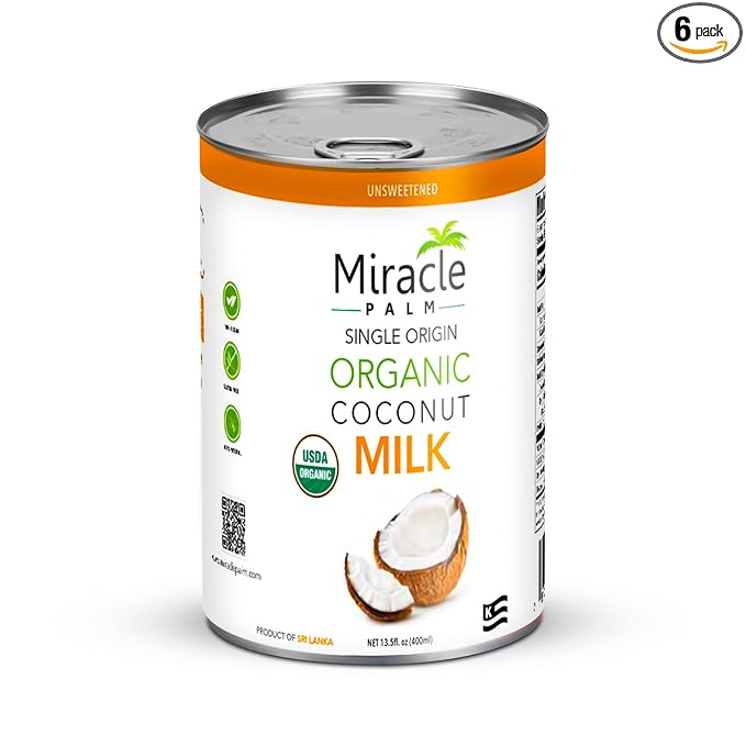 Miracle Palm Coconut Milk Unsweetened - Coconut Milk Canned, Additive Free Organic 13.5 Fl Oz (Pack of 6)