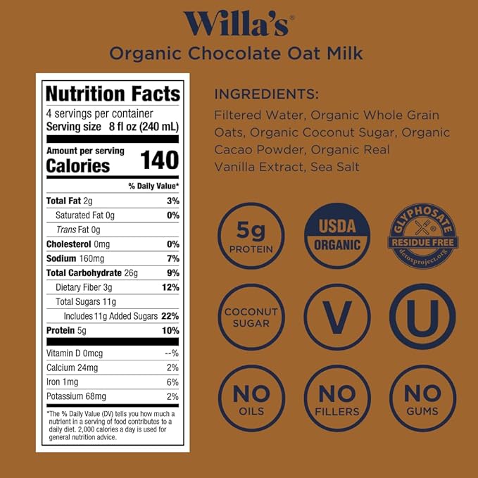 Willa's Organic Oat Milk - Chocolate Unsweetened Cacao Oatmilk, Non-GMO, Shelf Stable, Low Sugar, Non-Dairy Milk, Made from Whole Grain Oats, No Oil, No Gums, 32oz, Pack of 1