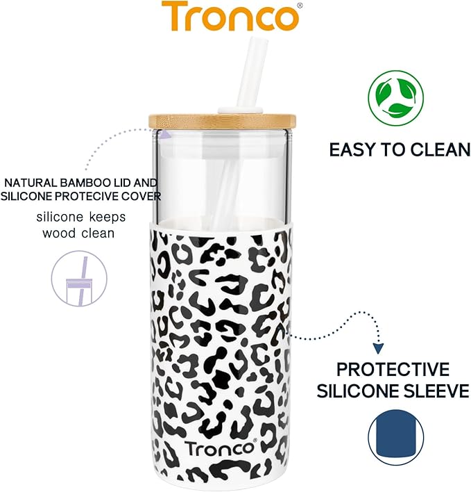 Tronco 20 oz Glass Tumbler with Straw and Lid- Glass Cup with Lid and Straw, Iced Coffee Cup Reusable, Smoothie Cups, Bamboo Lid and Protective Silicone Sleeve - BPA-Free