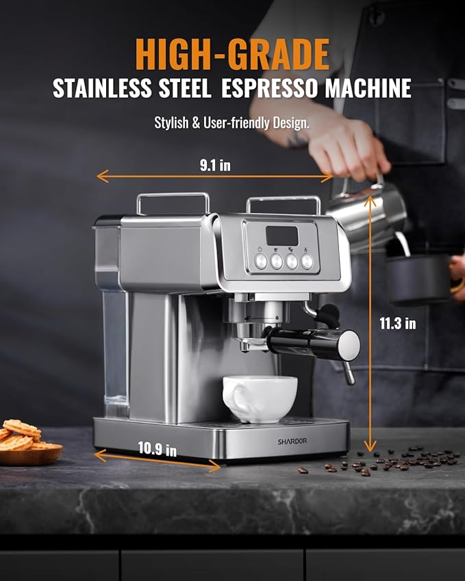 SHARDOR Espresso Machine 20 Bar with Milk Frother Steam Wand, Professional Latte & Cappuccino Maker for Home, 60 Oz Water Tank, Temperature Display, Stainless Steel, 1350W