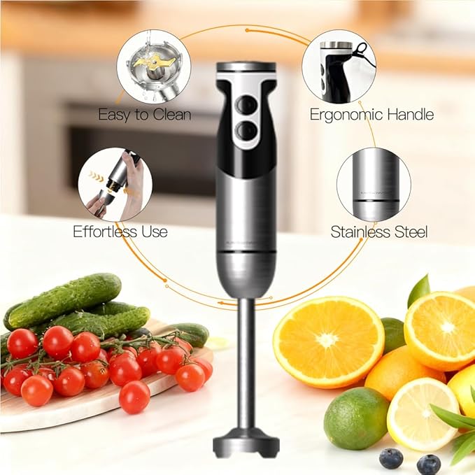 MegaWise Blender Handheld 12-Speed Stainless Steel Electric Hand Blender, 5 in 1 Immersion Handheld Blender，Titanium Blades Hand Blender, Milk Frother Wand,with 600ml Whisk Beaker and Chopper (black)