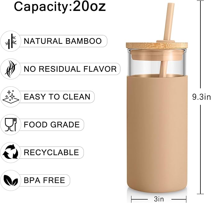 Tronco 20 oz Glass Tumbler Glass Water Bottle Straw Silicone Protective Sleeve Bamboo Lid - BPA Free (Black Amber /2pack)