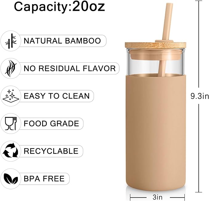 Tronco 20 oz Glass Tumbler Glass Water Bottle Straw Silicone Protective Sleeve Bamboo Lid - BPA Free - White Amber/ 2 Pack