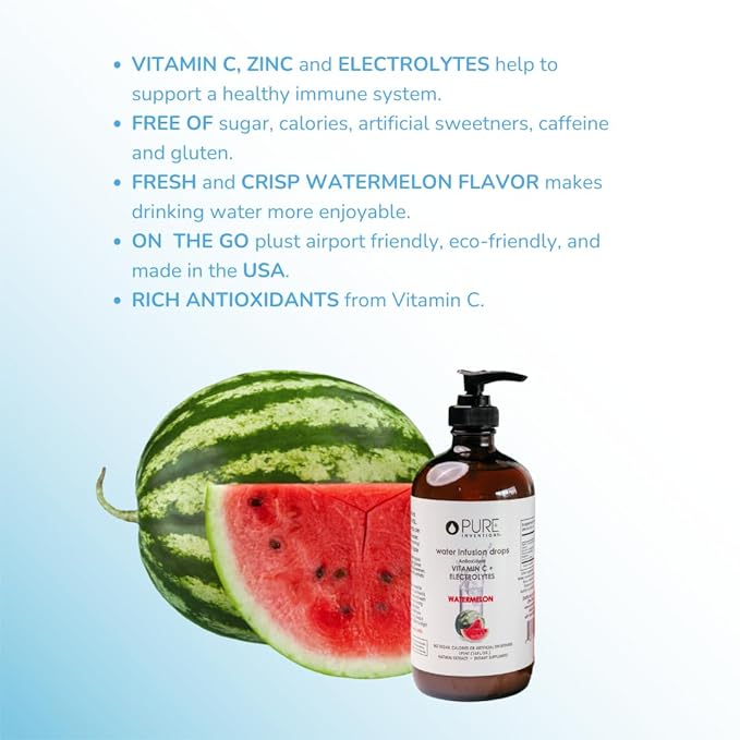 Pure Inventions - Watermelon Water Infusion Drops - Antioxidants, Vitamin C & Electrolytes - Health & Wellness Drink -Immunity Support -Sugar Free, Zero Calorie, No Artificial Sweeteners -500 Servings