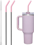 Metal Straw with Silicone Tip for 40oz Stanley Cup, 2 Pcs Stainless Steel Straws Replacement for Stanley 40 oz Adventure Quencher Travel Tumbler Cup, 1 Straw Brush (Mallow Purple)