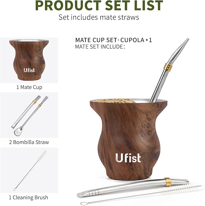 Yerba Mate Cup Set, Include Stainless Steel Double-Wall Mate Gourd with 2 Bombilla Straws and Cleaning Brush, 7.8oz Capacity (Wood Grain)