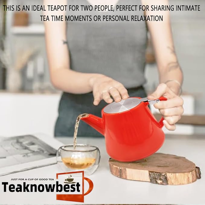 Ceramic teapot, 19oz Tea pot for loose leaf tea, Tea infuser pot with Removable 18/8 Stainless Steel Infuser and teaspoon, Suitable for 1-2 people to brew tea or coffee (pink)