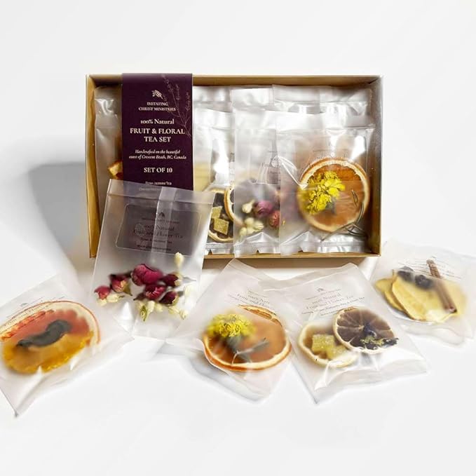 Gourmet Fruit & Floral Tea Set of 10 | Handcrafted, Additive-Free, Assorted Tea Gift Set | Sampler 5 Flavors of Naturally Dried Orange, Grapefruit, Lemon, Apple, Rose Jasmine | 10 Tea Bags | Premium Tea Gift Set