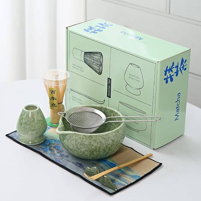 Matcha Set, 7 Pieces, Matcha Bowl with Spout, Whisk, Holder, Bamboo Scoop, Stainless Steel Sifter Matcha color