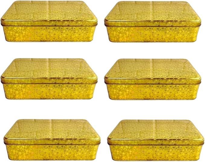 Pack of 6 Glittering Gold Rectangular Container With Lid, Multipurpose Tin Box, Festive Tin Box for Gift Giving, Cookies, Stationery & More - 7.25 x 5.25 x 2.25 Inches