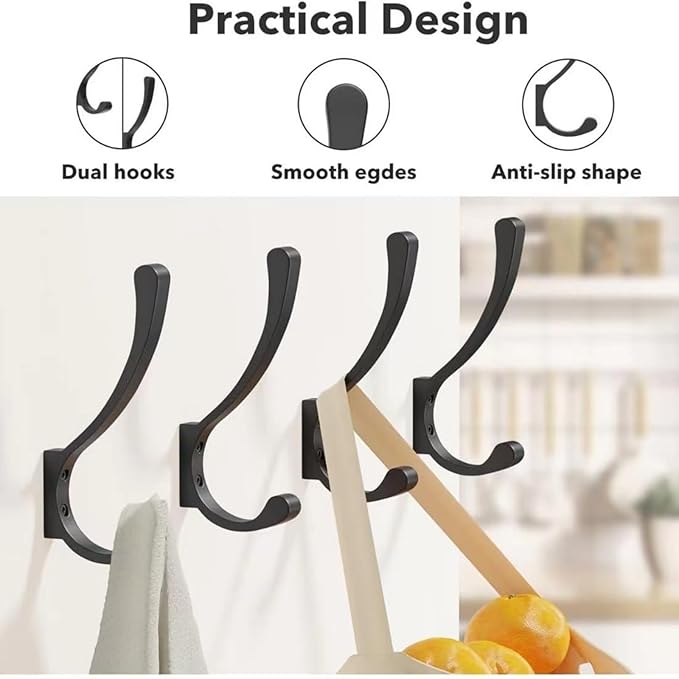 6 Pack Hanging Coat Hooks Wall Mount, Coat Hanger Wall Hangers, Metal Hooks for Hanging Heavy Duty, Screw in Hooks for Hanging Towels, Clothes, Backpack, Hat, Bag, Jacket, Key, Robe, Backpack Black