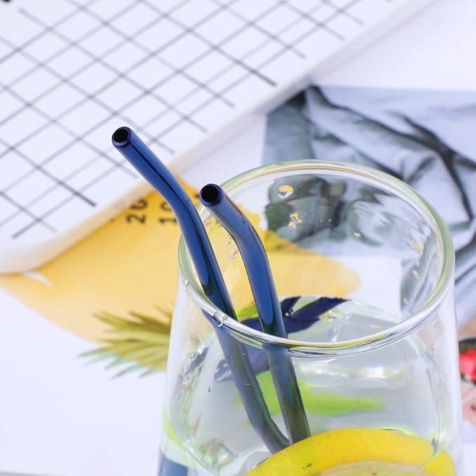 Straw Spoon, 8PCS 8.5inch Blue 18/8(304) Stainless Steel Metal Straws Reusable + 2 Brushes