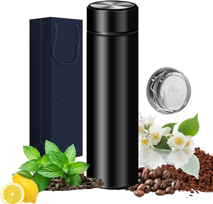 Insulated Water Bottles- Vacuum Tumbler for Coffee, Tea and Drinks with Stainless Steel Infuser - 15 oz Tea Thermo Travel Bottle/Keeps Drinks Hot or Cold for Hours/Gift Packing(Black)