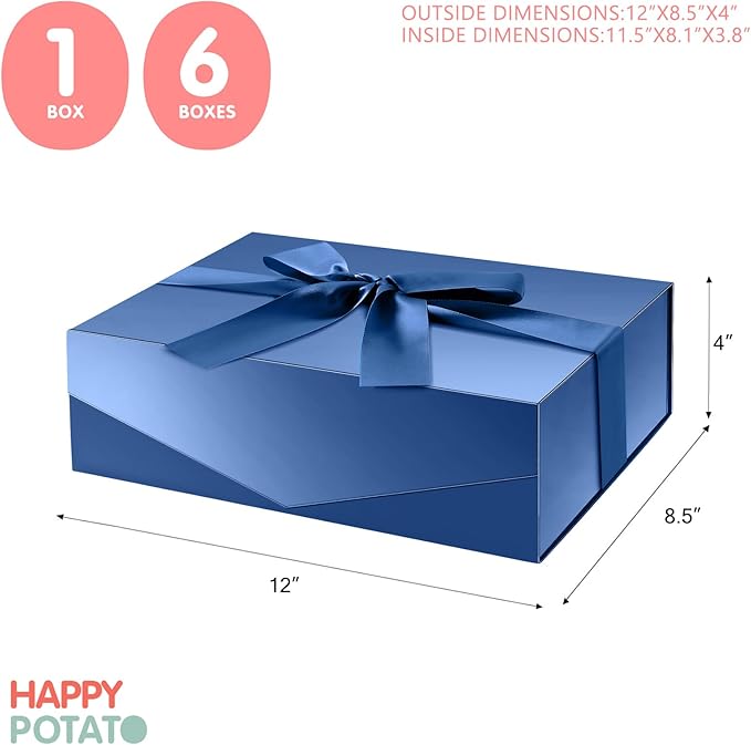 HAPPY POTATO Large Easter Gift Box withLid and Ribbon 11.5x8.1x3.8 Inches, Groomsman Proposal Box, Magnetic Blue Gift Box for Presents (Glossy Blue)