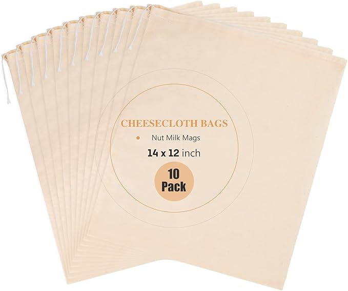 10 Pack Nut Milk Bag, 12‘’ x 14‘’ Fine Mesh Grade Reusable Cheesecloth Bags Strainers, Unbleached Organic Cotton Filter Bags for Almond Milk, Juices, ColdBrew, Cheese, Tea, Yogurt, Coffee