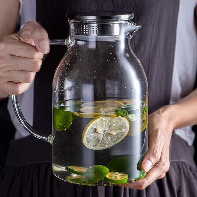 68oz Glass Pitcher with Lid and Handle - High Heat Resistance Glass Water Pitcher for Hot/Cold Water & Iced Tea (2.0L)