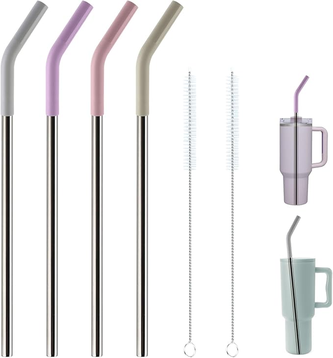Replacement Straws for 40oz Tumblers,Metal Straws Reusable Compatible with Stanley 40oz Cup, 40 oz Tumbler Straw,4 Pack 12" Extra Long Stainless Steel Straws with Silicone Tips and Cleaner Brush