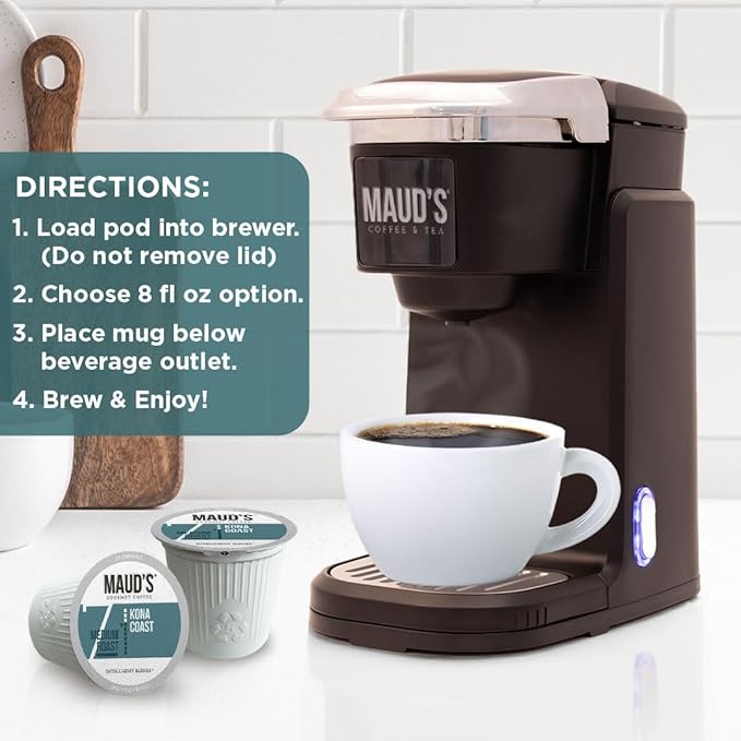 Maud's Kona Coffee Pods, 18 ct, Medium Roast Coffee in Recyclable Single Serve Pods – 100% Arabica Coffee, Compatible with Keurig K Cups Maker