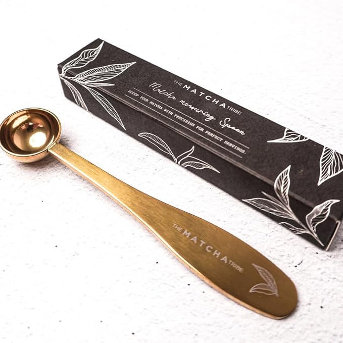 Golden Stainless Steel 1 gram Matcha Measuring Spoon (1/2 teaspoon). Scoop your Matcha with Precision for Perfect Servings while upgrading your Matcha station within your kitchen inventory!