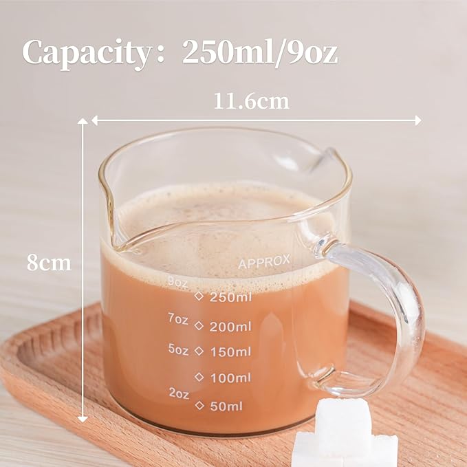 BCnmviku 1 Pack 250ML/8.5OZ Measuring Cup Espresso Shot Glasses Double Spouts Large Coffee Cup with Handle Triple Pitcher Milk Cup Parts Clear Glass