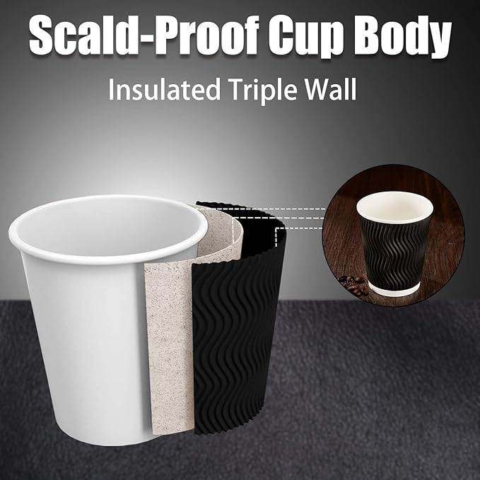Lamosi 8 oz Disposable Coffee Cups - 120 Pack, Insulated Corrugated Paper Cups, Kraft Ripple Wall Cups for Hot Beverage or Cold Drinks (Black)