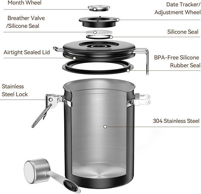 Coffee Canister, Stainless Steel Coffee Bean Storage Container with Date Tracker and Scoop, Kitchen Food Container for Grounds Coffee, Beans, Tea, Flour, Cereal, Sugar, 22OZ (1800ML | Black)