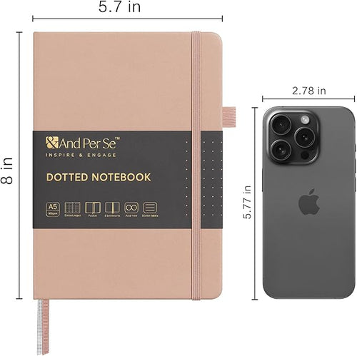 &And Per Se Dotted Journal Notebook, A5 Hardcover Leather Bullet Dotted Journal, 160 Pages 100 gsm Thick Dotted Paper，3 Sheets of Stickers Included - 5.7'' x 8''（Apricot）