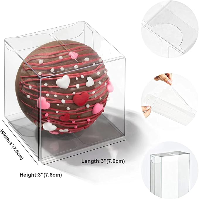 RomanticBaking 50 Pack 3x3x3 Inch Clear Chocolate Bomb Boxes Small Gift Boxes for Cupcake,Candies, Birthday Wedding Party Favor Box