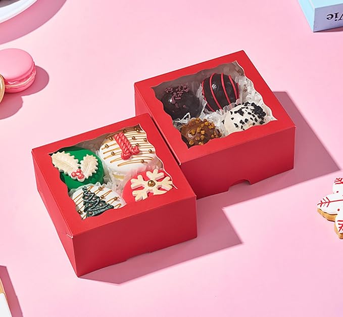 40 Pack 4x4x2 inches Red Bakery Boxes with Window - Macaron, Cookie, Chocolate Truffle, Strawberry & Mini Cake Gift Boxes for Valentine's, Parties, Birthdays, Wedding, Christmas Favors