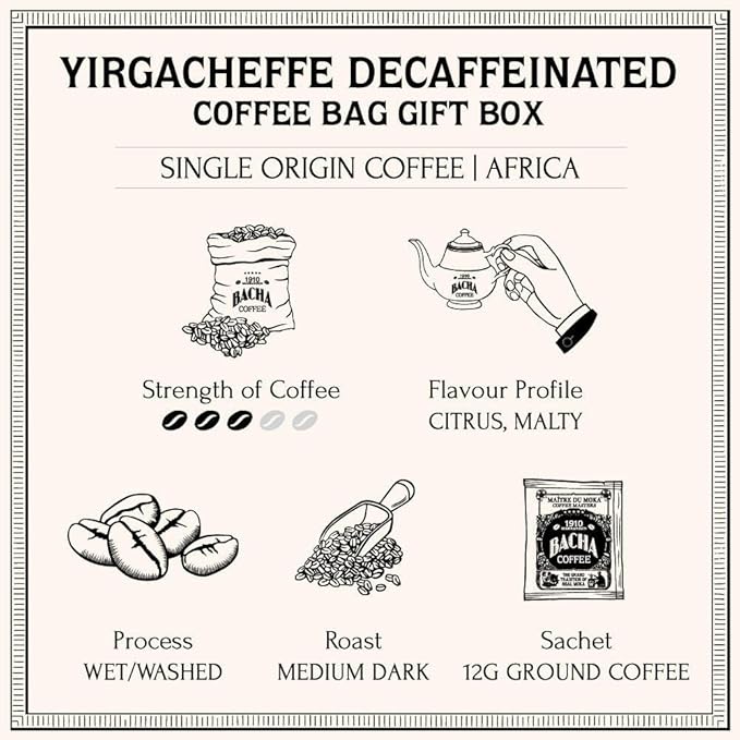 Bacha Coffee | Yirgacheffe Decaf Ethiopia Single Origin, Medium Dark Roast, 100% Arabica Specialty Coffee, 12 Coffee Drip Bags, Gift Box