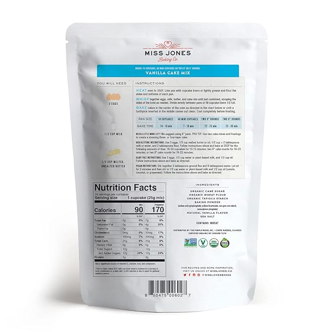 Miss Jones Baking Organic Yellow Cake and Cupcake Mix, Non-GMO, Vegan-Friendly, Moist and Fluffy: Vanilla, (Pack of 3)