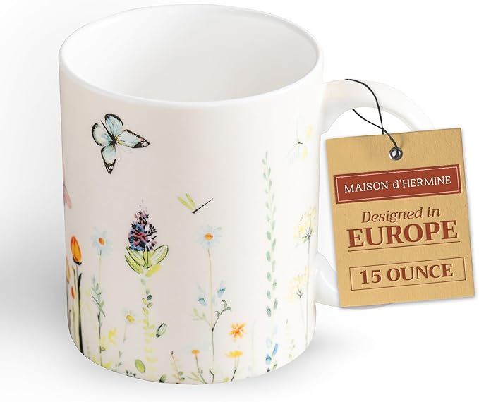 Maison d' Hermine Coffee Mug with Handles Fine Bone China Mugs Pack of One Tea Cups for Hot Beverages Cappuccino Latte Home Restaurant Office Perfect for Gift (Botanical Fresh - Meadow, 15 Ounce)