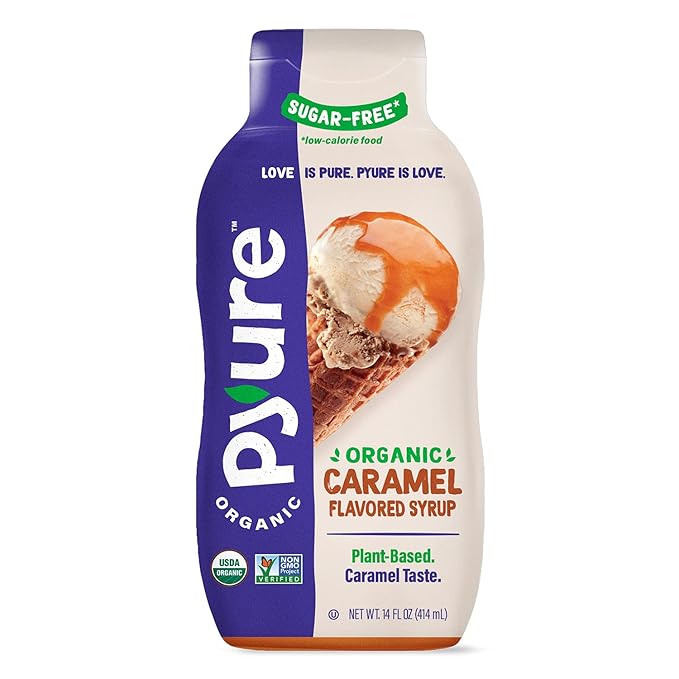 Pyure Organic Caramel Flavored Syrup, Zero Sugar, 1 Net Carb Keto Syrup, Gluten-Free, Organic Plant-Based Sugar Free Caramel Syrup for Vegan Keto Friendly Food, 14 Oz (Pack of 5)
