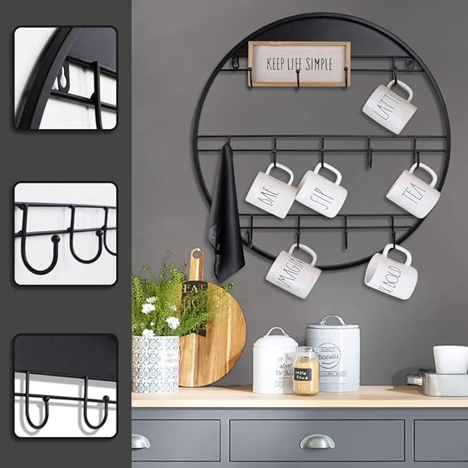 AJART Coffee Bar Decor Mug Holder: 22" Round Square Coffee Cup Rack for Home Kitchen Office Dining Room Cafe Bar