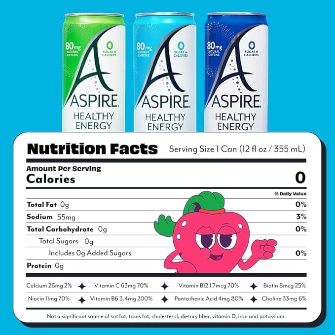 ASPIRE® The Fan Favorite Variety Pack, Healthy Energy Drink 80mg Natural Caffeine, Zero Sugar No Carbs Keto Friendly, 12 Pack Green Tea Sugar Free Drink Low Caffeine Zero Calorie