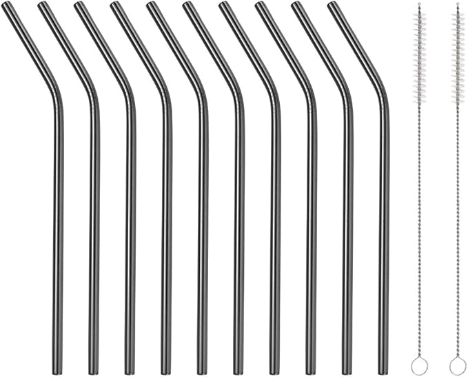 10 Pcs Stainless Steel Straws, Reusable Drinking Straws, Bent Metal Straw Sets with 2 Pcs Cleaning Brushes (Black, 8.5 Inch)