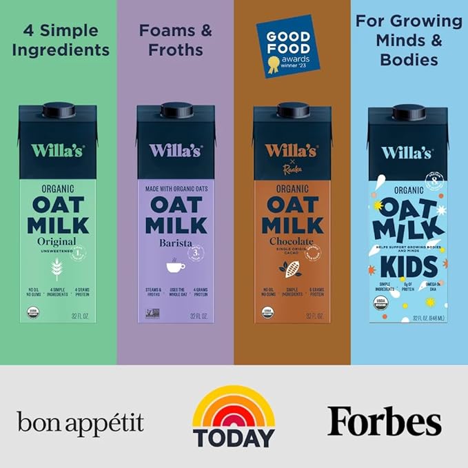 Willa's Organic Kid's Oat Milk Unsweetened with 8g Protein & 240g Calcium, Plant-Based Milk for Kids, Dairy-Free, Low Sugar, 2g Fiber – 32 oz, 6 Pack