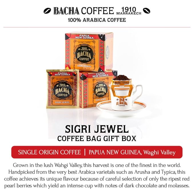 Bacha Coffee | Sigri Jewel Papua New Guinea Single Origin Arabica, 100% Arabica Specialty Coffee, 12 Coffee Drip Bags, Gift Box