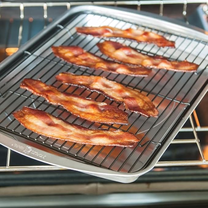 Nordic Ware Oven Crisp Baking Tray 2pc Set Includes Pan and Rack; Natural Aluminum For Air Frying, Crisping, Broiling, Baking