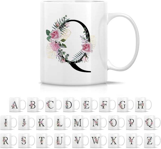 Retreez Initial A-Z Floral Botanical Bouquet Alphabet Monogrammed Monogram Mug 11 Oz Ceramic Tea Coffee Mugs - Appreciation Thank You Wedding Birthday Gifts for her friend coworker sister - Q Initial