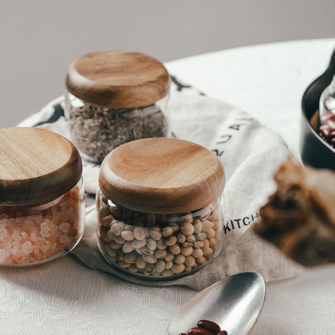 Glass Food Storage Containers With Wooden Lids - Small Coffee Jars - Pantry Organization For Overnight Oats, Cereal, Rice, Candy (10oz(300ml))