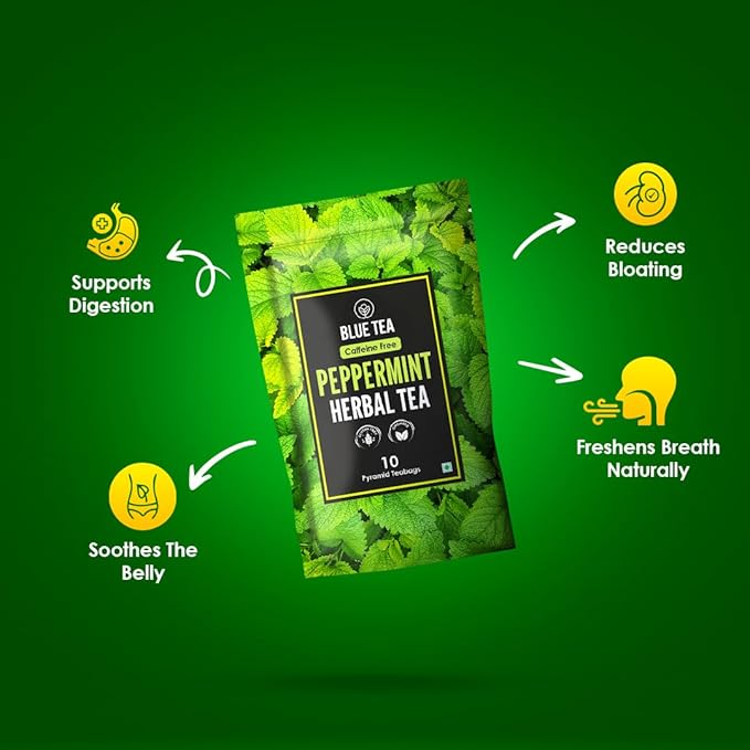 BLUE TEA - Peppermint Tea - 10 Count - Plant Based Tea Bag | SUPPORTS DIGESTION | Antioxidant Rich | Fresh & Cool Minty Flavour | Caffeine Free - Herbal Tea - Non-Bitter - Leaf Based | Ziplock Pack