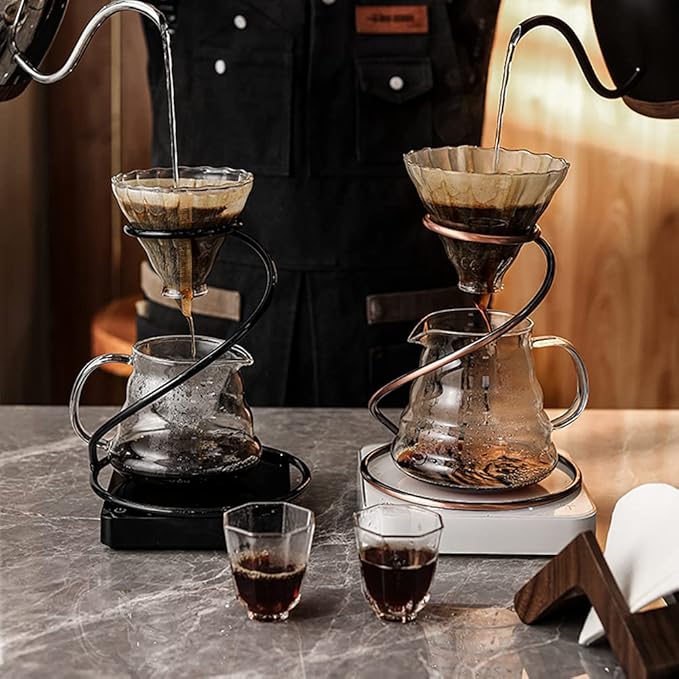 Pour Over Coffee Maker Set - Glass Dripper, Metal Stand, 600ml Heat-Resistant Server, 40 Filters - 4 in 1 for Home or Office (Bronze)
