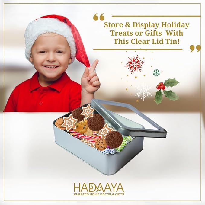 Pack of 6 Silver Rectangular Tin Container With Clear Lid, Multipurpose Tin Box, Festive Tin Box for Gift Giving, Cookies, Stationery & More - 7.25 x 5.25 x 2.25 Inches