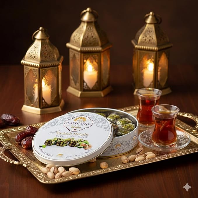 Zaitoune Pistachio Covered Turkish Delight – 0.55 lb | Stuffed with Delicious Nuts, Coated with Chopped Pistachios | Authentic Luxury Lokum Turkish Delight Candy in a Beautiful Gift Tin | Handmade & Individually Wrapped | Perfect Turkish Snacks