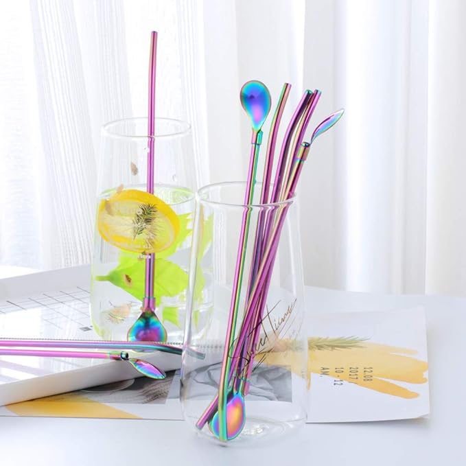 Straw Spoon, 8PCS 8.5inch Rainbow 18/8(304) Stainless Steel Metal Straws Reusable + 2 Brushes
