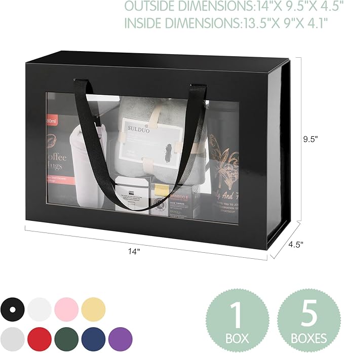 Large Black Clear Gift Box, 14x9x4.1 Inches, Window, Handle, Collapsible, Magnetic Closure, Groomsman Proposal, Bridal Shower, Valentine's Day, Anniversary, Birthday, Business Gifts, 1 Pack