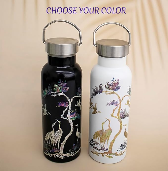 Mother of Pearl Design Stainless Steel Water Bottle 17 oz Leakproof Screw Cap Metal Handle Lid Wide Mouth Double Wall Vacuum Insulated Travel Sport Water Flask Thermo Mug (Crane Pine White)